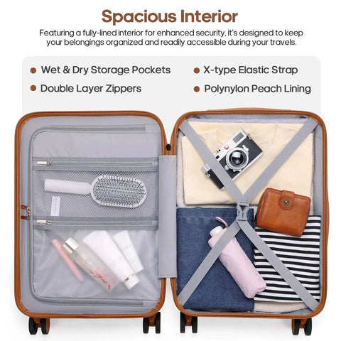 Open view of a polycarbonate carry-on suitcase showing organized interior with double layer zippers, elastic straps, and storage pockets.