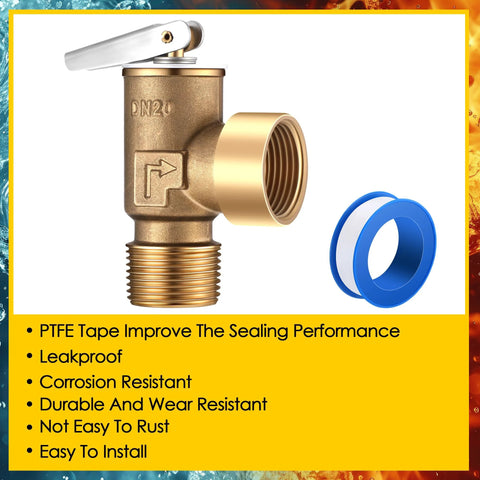 Brass Gulfmew 30 PSI pressure relief valve with 3/4 NPT bottom thread and side outlet; blue PTFE tape