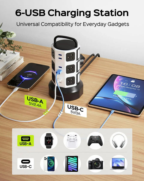 12 Outlet Surge Protector Tower With 6 USB Ports And 2 USB-C, 6.5 Foot Extension Cord For Home Office Setup on a desk with devices