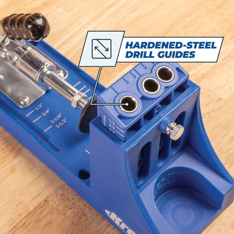 Close-up of K4 Plus Pocket Hole Jig With Drilling Guide And Dust Collection showing drill guides on a wood surface.