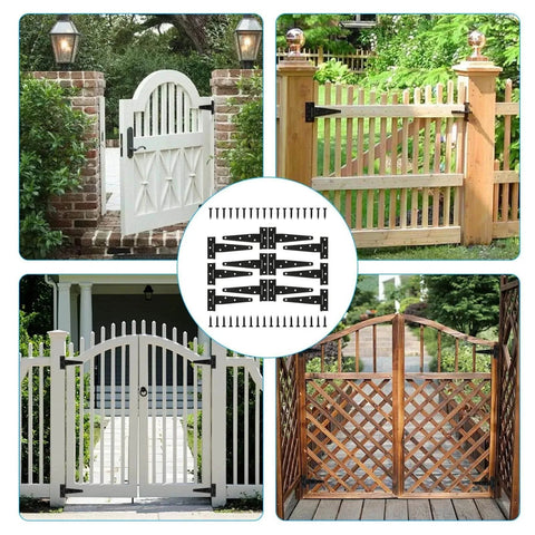 12 Pcs 6 Inch T Strap Hinges Heavy Duty Outdoor Tee Hinge For Wooden Fences Barn Doors Gates Shed Doors, shown installed on various gates