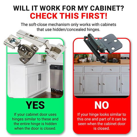 Comparison chart showing compatible hinges for Soft Close Cabinet Damper 5 Pack Polished Nickel Finish Easy Install for Cabinets With Fully Concealed Self Closing Hinges No Sweat Hinge Side Mount in Top or Bottom Corner