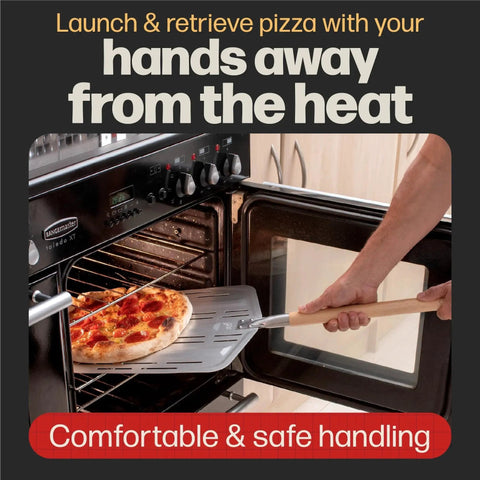 Pizza Peel Pro For XL Pizzas Perforated Nonstick Paddle For Crispy Crusts And Quick Venting used to retrieve a pizza from oven
