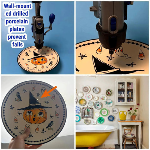Collage of wall-mounted, drilled porcelain plates with Jack-o'-lantern designs and Dremel tool in use, preventing falls.
