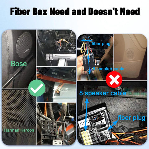Lexxson optic fiber decoder for Mercedes/BMW/Audi/VW car stereo; wireless adapter with fiber plug and 8-speaker cable.