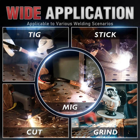 Wide application of large view auto darkening welding helmet with blue light blocking lens for TIG, MIG, stick, cut, and grind.