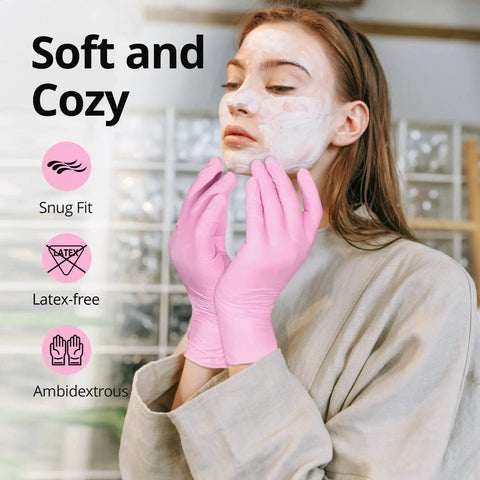 Pink Nitrile Gloves 3 Mil Latex Free Powder Free for Cleaning 100 Count worn by person applying face mask