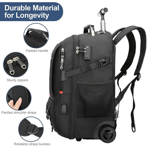 Side view of a black Three In One Travel Vacuum Backpack With Wheels For Women And Men 50L Rolling Vacpack featuring durable material and TSA lock.