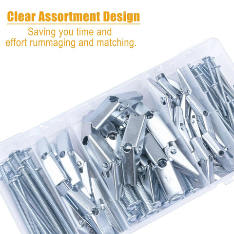 Hollow Wall Anchors Set 44 Pc Heavy Duty Toggle Bolts And Wing Nuts Kit in plastic case with 1/8in, 3/16in, 1/4in assorted sizes