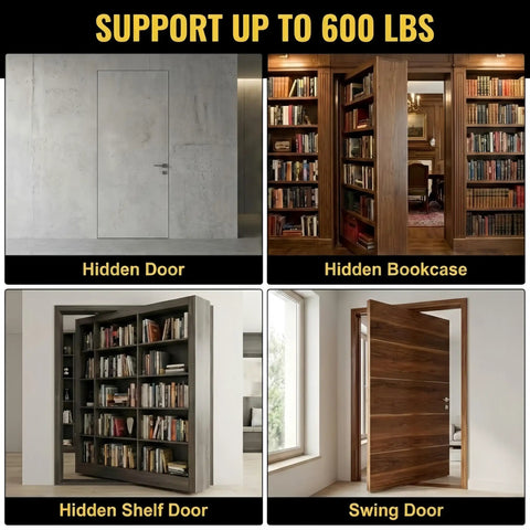 Heavy Duty Pivot Hinge For Hidden Doors 600 LBS Load Capacity Stainless Steel Murphy Door Hardware For Secret Bookcase And Invisible Bookshelf Doors Silent 360 Degree Concealed Hinge Kit supporting various door types, including hidden, bookcase, shelf, and swing doors.