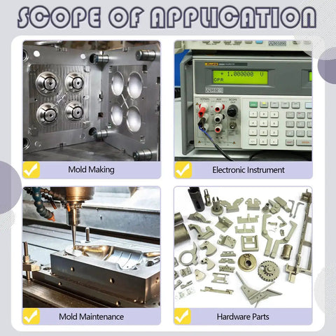 Industrial applications showing mold making, electronic instruments, mold maintenance, and assorted hardware parts.