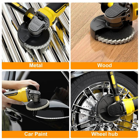 All-In-One Pro Grade Wool Polishing Wheel Kit With Five Buffing Wheels And Three Polishing Compounds in use on metal, wood, car, and wheel hub.