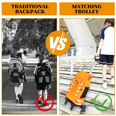 Comparison of traditional backpack vs Six Wheel Backpack Trolley Rolling Dolly Cart For Luggage And Travel Hand Truck on stairs