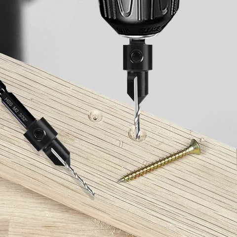 3 Pack Countersink Drill Bit Set For Woodworking With 3 In 1 Functionality shown drilling into wood with a nearby screw.