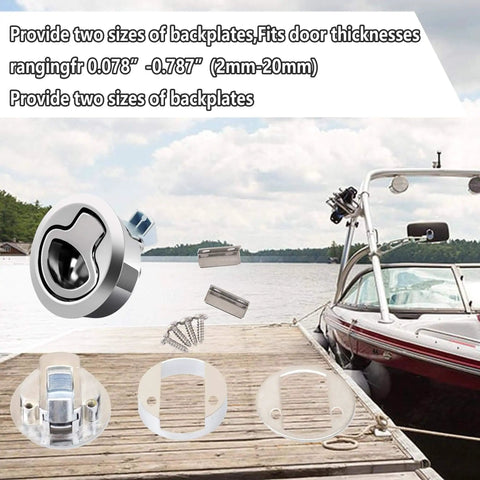 Boat Slam Latch Kit With Two Inch Lift Handle Deck Hatch Marine Grade Stainless Steel Zinc Alloy Flush Latches Pack Of Two With Two Backplates Fits Standard Two Inch Hole Cutout Door Thickness From Two To Twenty Millimeters Searoam shown near dock with boat