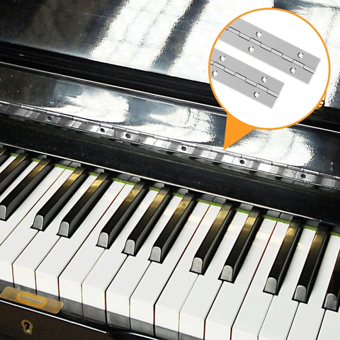 Image of durable 6 inch stainless steel piano hinge set installed on a piano, showing hinges for cabinets and doors with mounting screws.