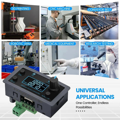 Stepper Motor Controller And Driver Board With Forward And Reverse Pulse Speed Control Module For DC 10 To 30V 4A Nine Motion Modes shown in various applications like 3D printing and CNC machines