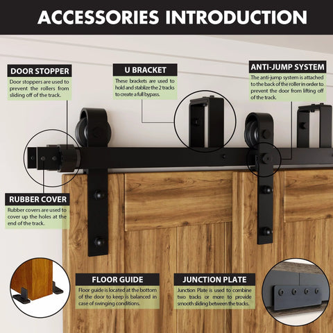Black Rustic Double Track U Shape Bypass Sliding Barn Door Hardware Kit For Three Doors 10ft Flat Track Classic Roller components shown