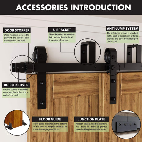 Rustic Black Double Track U Shape Bypass Sliding Barn Door Hardware Kit For Two Doors With 4ft Flat Track accessories details