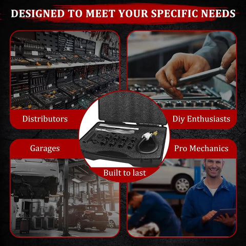 Collage showing distributors, DIY enthusiasts, garages, and pro mechanics with Two Valve Ford Triton Spark Plug Thread Repair Kit