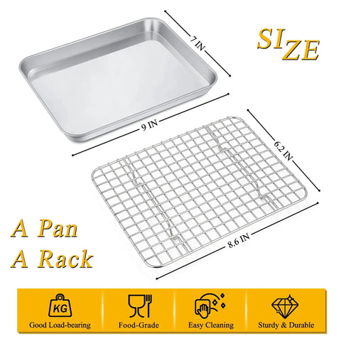 Stainless Steel Toaster Oven Pan With Rack Set Durable 9 Inch Baking Tray And Grid Cooling Rack For Cooking And Roasting Dishwasher Safe