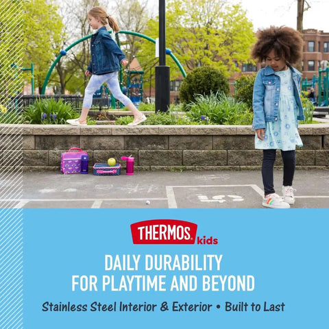 Children playing outdoors with Stainless Steel Water Bottles, showcasing Thermos Kids durability for playtime use.