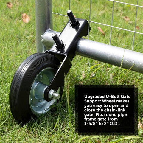 6 Inch Heavy Duty Metal Gate Caster For 1 5 Eighths To 2 Inch Frame, Chain Link Fence Support, Black Finish installed on gate