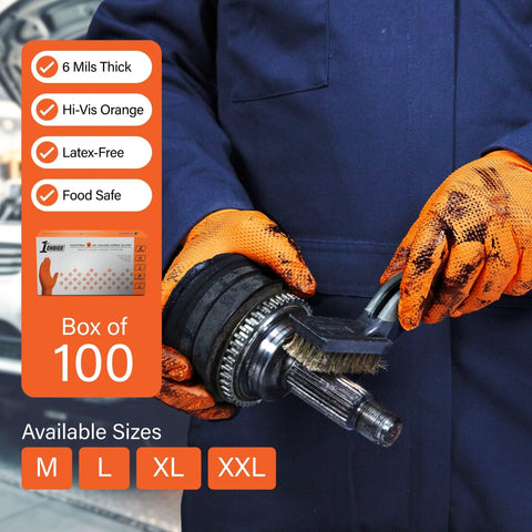 Mechanic using Orange Nitrile Disposable Gloves 6 Mil Latex Free Diamond Grip XL for auto detailing task