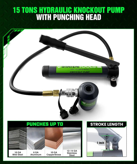 15-ton hydraulic knockout punch pump with punching head, showing material compatibility for steel, aluminum, and copper.