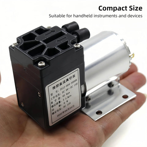 DC 12V mini oil-free vacuum pump with holder; black compact unit with two top ports and silver motor.
