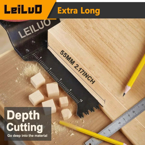 Close-up of 15 Piece Japanese Teeth Oscillating Saw Blades For Fast Wood Cutting Extra Long Multi Tool Blades Pro Grade CRV Alloy Steel.