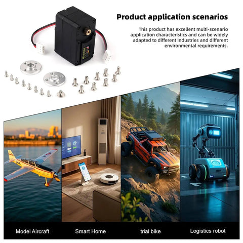 Beefy 30KG High Torque 12V Continuous Rotation Servo Set with controller for RC cars, robotic arms, showing applications in model aircraft and robots.