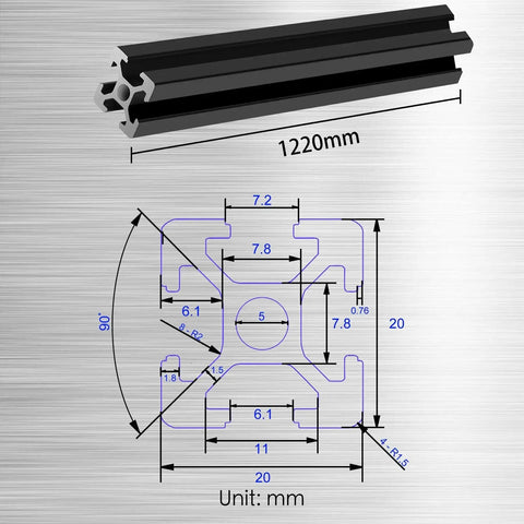Diagram showing Ten Pieces 48 Inch T Slot Aluminum Extrusion Profile 1220mm European Standard Aluminum Linear Rail dimensions