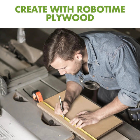 Man measuring and marking walnut plywood sheet with tools on workbench in workshop setting