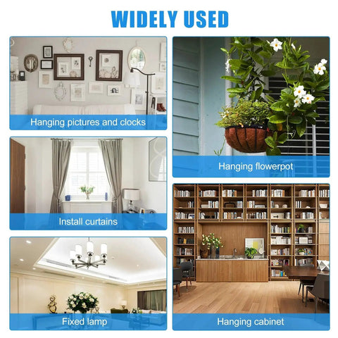 Image showing various installation uses for 123 Piece Toggle Bolt And Wing Nut Kit, including pictures, flowerpots, and cabinets.
