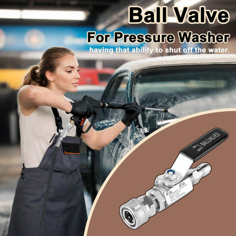 Power Town ball valve for pressure washer, stainless steel, 3/8-inch quick-connect with shut-off lever.