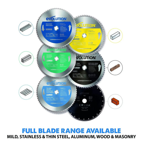 Set of Evolution Power Tools blades including Mild Steel Cutting Blade For Circular And Chop Saws, 14 Inch, 66 Tooth, carbide tipped.