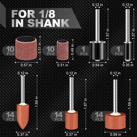 64Pcs Aluminum Oxide Sanding Bits Set for Rotary Tools One Eighth Inch Shank Dremel Compatible Grinding Stones display