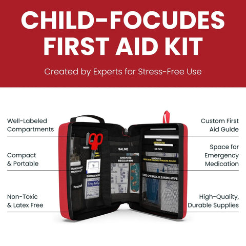 Open Kids Portable First Aid Kit With CPR Shield For Home Car School Camping And Travel Latex Free Bandages Kid Friendly First Aid Guide
