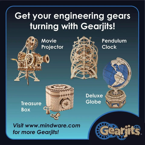 Image of Gearjits DIY kits featuring a Movie Projector, Pendulum Clock, Treasure Box, and Deluxe Globe with engineering theme.