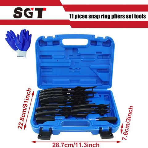 Heavy Duty Snap Ring Pliers Set Pro Grade With 10 Piece Internal And External Circlip Pliers Including Bent And Straight Tips Plus Hook And Pick Storage Case And Gloves For Easy Ring Removal in blue case open