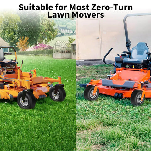 Two zero-turn lawn mowers fitted with front flat-free tire and wheel replacement 13x6.50-6 for lawn and commercial grounds.