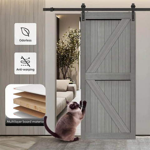 Front view of Elephant Gray Barn Door 36 Inch By 84 Inch MDF Solid Slab With Waterproof PVC Surface Includes 6.6 Foot Sliding Hardware Kit