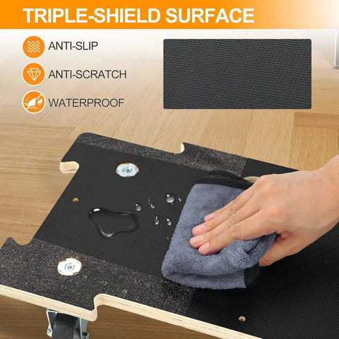 Close-up of Heavy Duty Moving Dolly With 551 Lb Capacity Per Unit showing anti-slip, anti-scratch, waterproof plywood surface being cleaned.