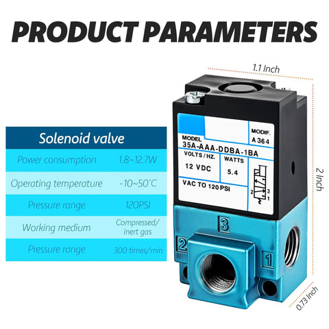 12V 5.4W 3-Port Electronic Boost Control Solenoid Valve With Carbon Steel Body And Brass Fittings, 6mm Threaded Connector, Model 35A-AAA-DDBA-1BA