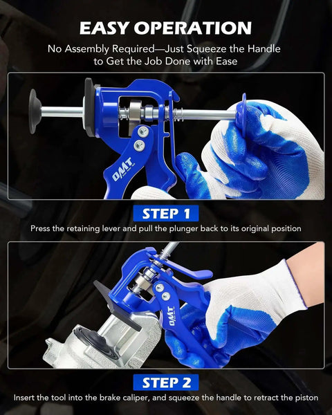 Speedy Brake Caliper Compression Tool For Quick Pad Replacements in use with gloves, showing easy piston retraction and operation steps