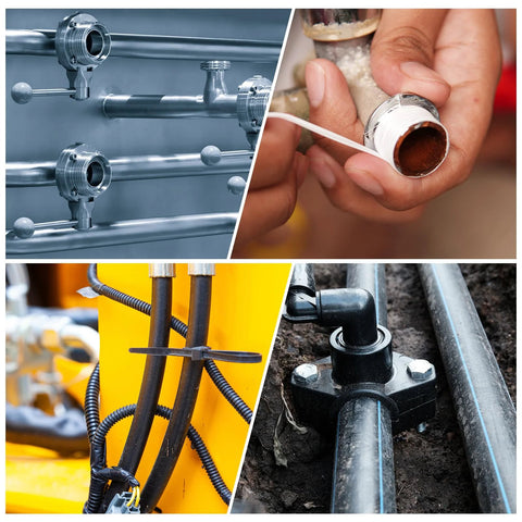 uxcell 1in to 1/2in stainless steel hose barb reducer fitting; collage shows metal pipe fittings, hoses and clamps.