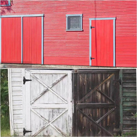 Outdoor red and white barn doors and fence gates with installed 2 Pack 8 Inch T Strap Shed Door Hinges Black Tee Hinge Wrought Iron Gate Hinges.
