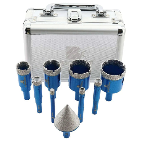 Dry Diamond Core Drill Bit Set For Tile And Stone Pro Grade By BRSCHNITT with round shank in metal case