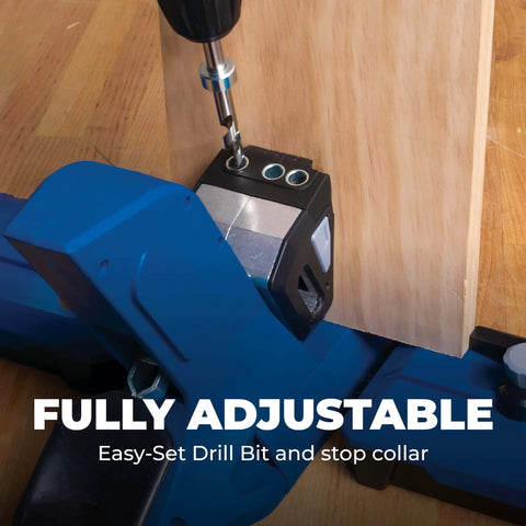 Pocket-Hole Jig 720PRO with easy clamping; adjustable setup; durable screws for materials from half to one and a half inches thick.